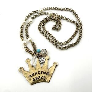 Amazing Grace Crown Necklace Gold 32” Long Statement Christian Faith Jewlery